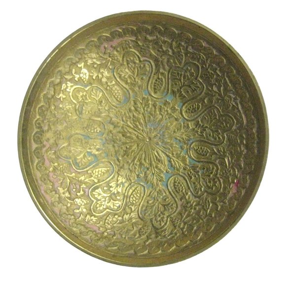 Etched Brass Bowl Chinoiserie Round Footed Decor Trinket 3 7/8 inches Enamel - Picture 6 of 6